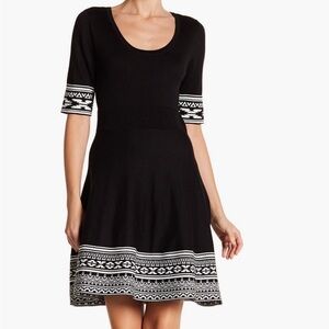 Nina Leonard Black Dress with White Geometric Accents